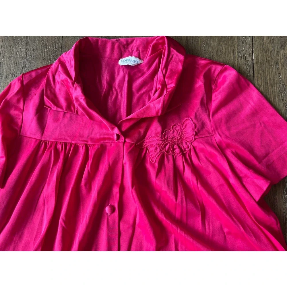 Vintage Lorraine Hot Pink Nylon Pajama Set Short Sleeve Button Front Small USA